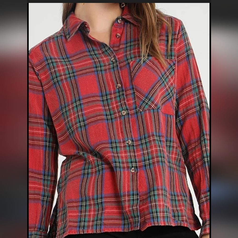 Topshop Plaid Multicolored 100% Cotton Button Down Casual Long Sleeve Pocket Top